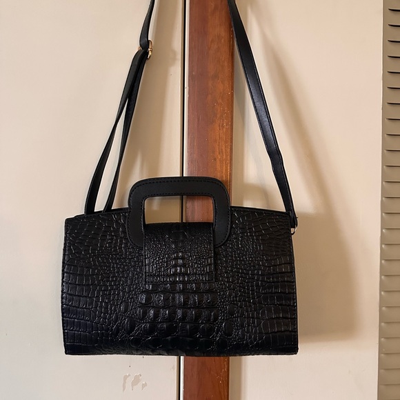 Handbags - Black Croc-Embossed Shoulder Bag with Top Handle